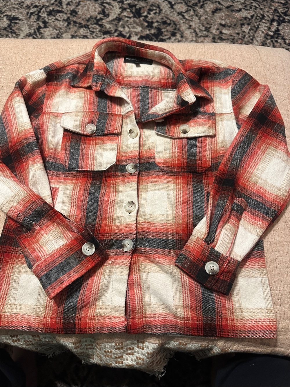Kendall and Kylie Red & Cream Plaid Button-Up shacket size small